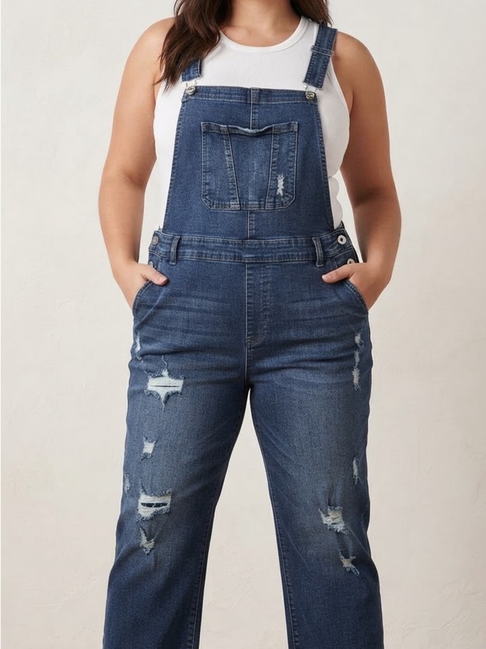 Medium Wash Distressed Straight Leg Overalls Size Large